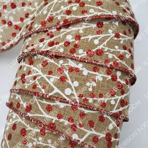 RENAISSANCE 2000 Wired Burlap Ribbon 2.5” Red Glitter Berry Two (2) Yards